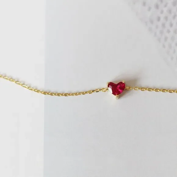 925 Sterling Silver Gold Heart Shape Zircon Dainty Bracelet Red Love Heart Gift - Picture 3 of 5